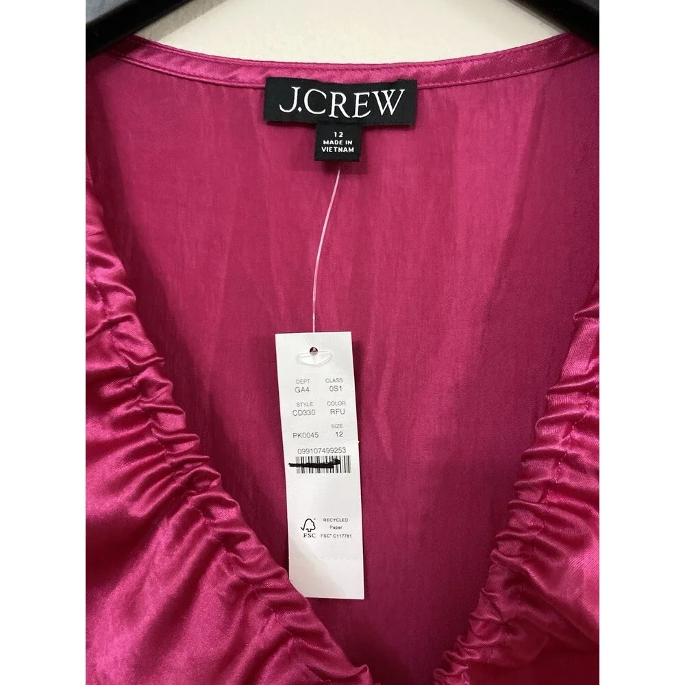 J Crew Womens Short Sleeve Slip Dress Textured Satin Radiant Fuchsia NWT Size 12